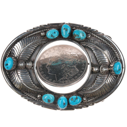 L Platero Navajo Sterling spinner 1921 Silver dollar belt buckle with turquoise