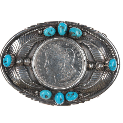 L Platero Navajo Sterling spinner 1921 Silver dollar belt buckle with turquoise