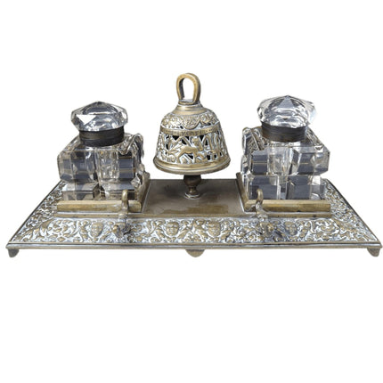 c1890 Hotel Inkwell with Bell Pen rest, and two large crystal inkwells.