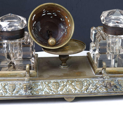 c1890 Hotel Inkwell with Bell Pen rest, and two large crystal inkwells.