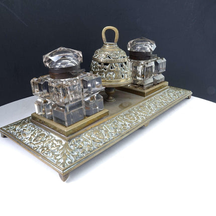 c1890 Hotel Inkwell with Bell Pen rest, and two large crystal inkwells.