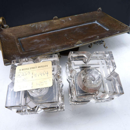 c1890 Hotel Inkwell with Bell Pen rest, and two large crystal inkwells.