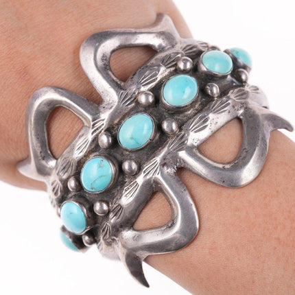 6 3/8" Large vintage Navajo silver tufa cast bracelet with turquoise