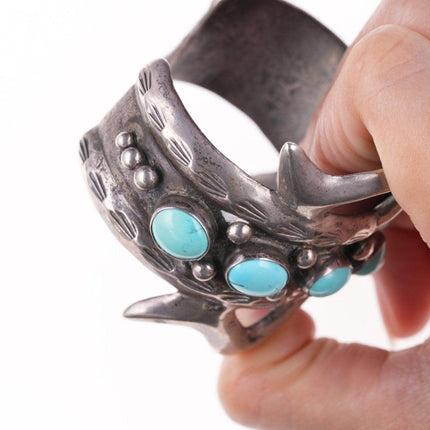 6 3/8" Large vintage Navajo silver tufa cast bracelet with turquoise