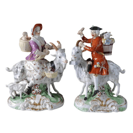 c1790 Derby Figure Group Pair "The Welsh Tailors" Woman Breastfeeding guy with t