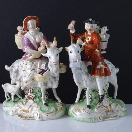 c1790 Derby Figure Group Pair "The Welsh Tailors" Woman Breastfeeding guy with t