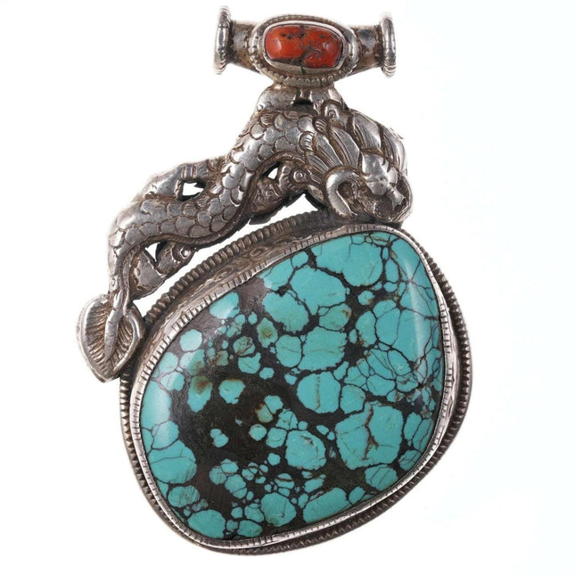 Large Vintage Tibetan Sterling Coral and Turquoise pendant