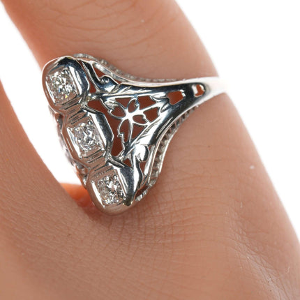 sz4 Antique Diamond 18k White gold filigree ring