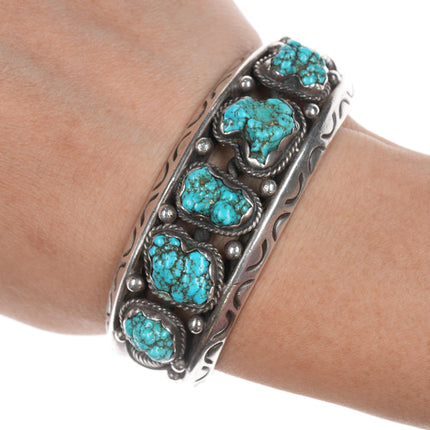 6 1/8" Les Baker Sterling and botryoidal turquoise chunk row cuff bracelet