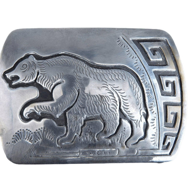 Vintage Hopi Overlay Sterling Belt Buckle with bear