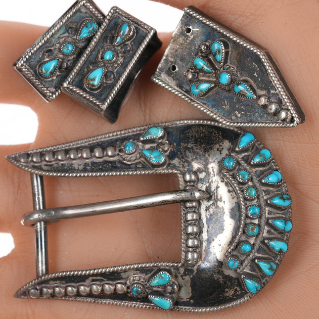 40's-50's Zuni High grade Bisbee? Turquoise petit point silver ranger belt buckle set