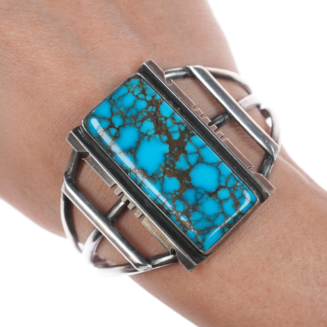 6.75" Vintage Native Americansilver webbed turquoise cuff bracelet