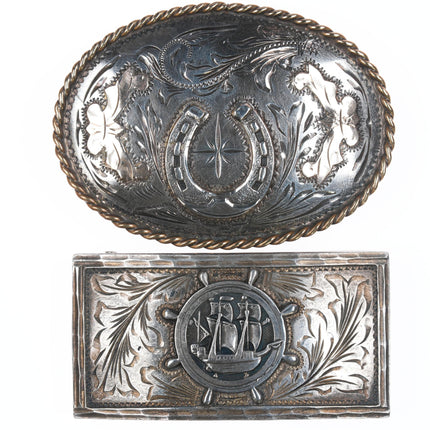 2 Vintage Hand Engraved Sterling Mexican belt buckles