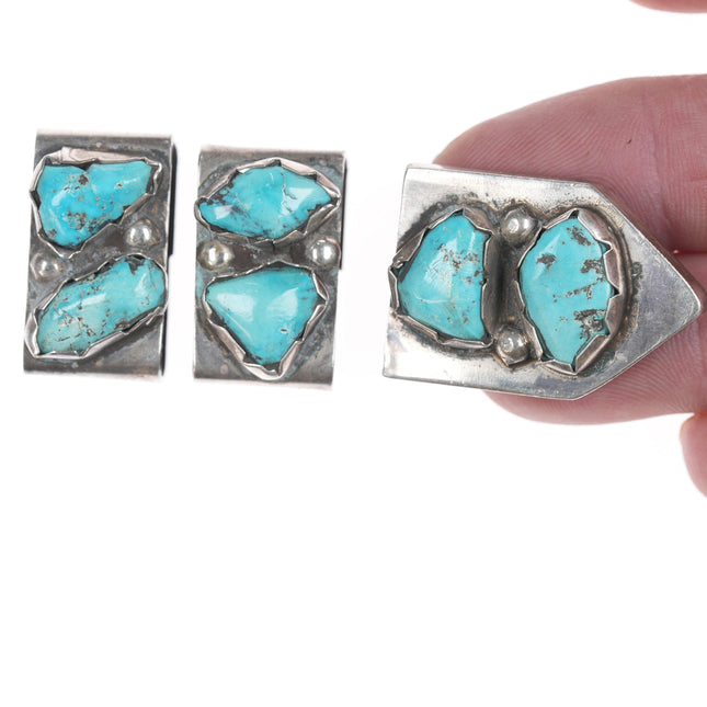 Vintage Zuni silver and turquoise 1" Ranger belt buckle keepers and tip