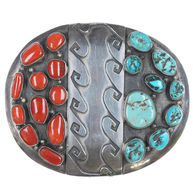 Vintage Native American Silver, Turquoise, and Coral cluster belt buckle