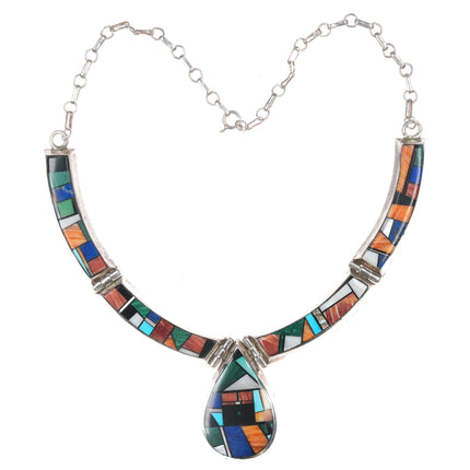 L/M Navajo sterling multi-stone intarsia inlay bib necklace