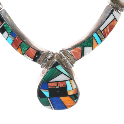 L/M Navajo sterling multi-stone intarsia inlay bib necklace