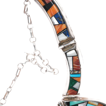 L/M Navajo sterling multi-stone intarsia inlay bib necklace