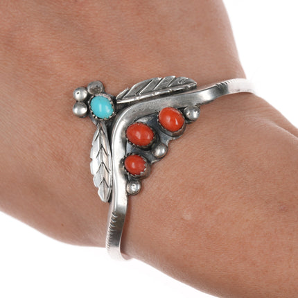 6.25" c1970's Spencer Navajo sterling cuff bracelet with turquoise and coral