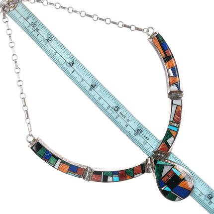 L/M Navajo sterling multi-stone intarsia inlay bib necklace