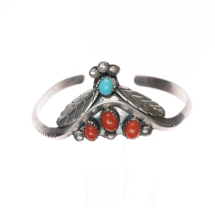 6.25" c1970's Spencer Navajo sterling cuff bracelet with turquoise and coral