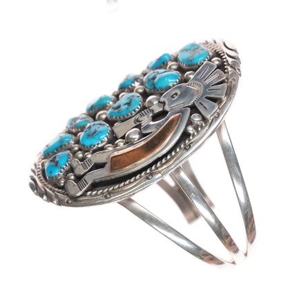 6 3/8" 1980's Tommy Moore Navajo sterling Kingman turquoise cluster cuff bracelet