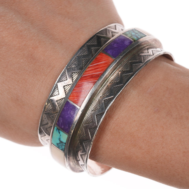 6.25" 1970's Edward Zuni high grade mult-stone inlay modernist sterling cuff bracelet