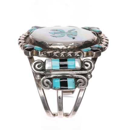 6.25" Vintage Zuni Sterling MOP, turquoise, and jet cuff braclet