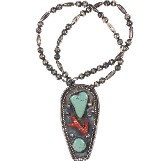 Large Vintage Native American sterling, branch coral, turquoise pendant necklace