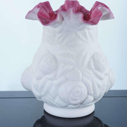 Large 1960's Fenton Puffy Rose Cranberry Satin Cased milk glass vase