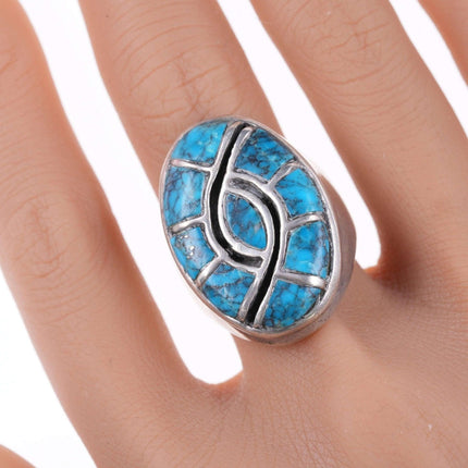 sz10 Zuni Quandelacy spiderweb turquoise Channel inlay hummingbird ring