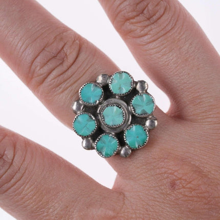 Vintage Zuni carved turquoise cluster ring sterling