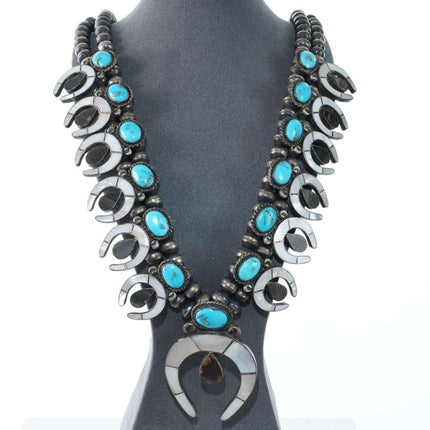 c1950's Zuni Shell Channel inlay and turquoise silver squash blossom necklace