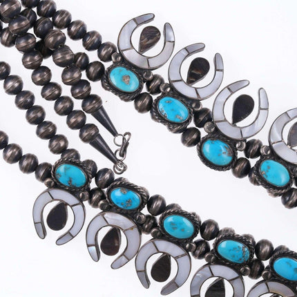 c1950's Zuni Shell Channel inlay and turquoise silver squash blossom necklace