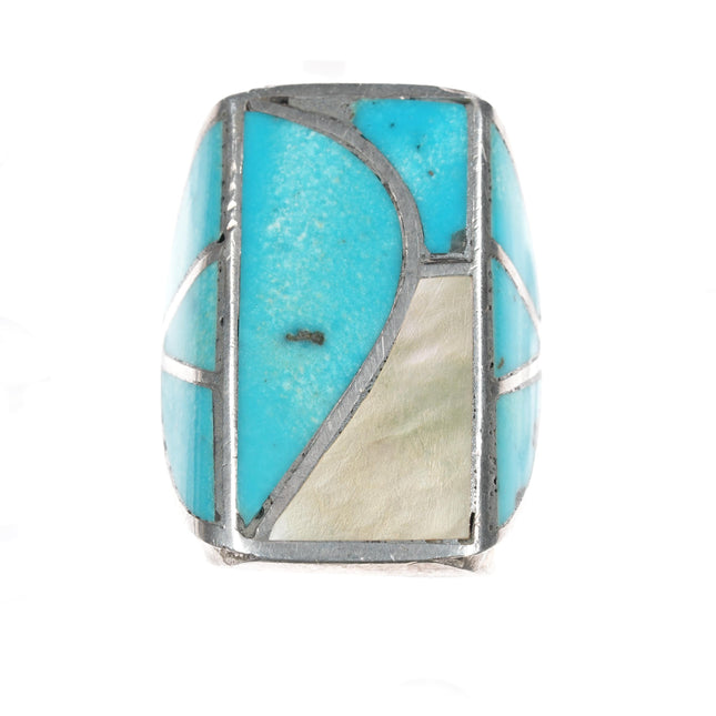 sz10 60's-70's Zuni sterling turquoise and shell channel inlay ring