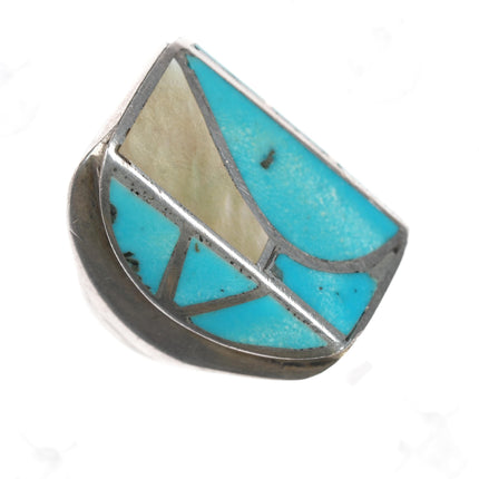 sz10 60's-70's Zuni sterling turquoise and shell channel inlay ring