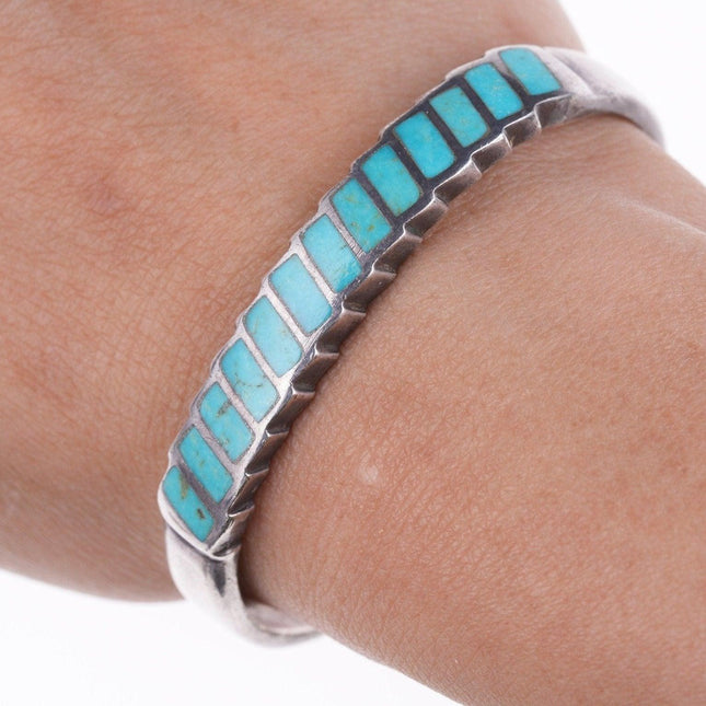 6 3/8" Vintage Zuni silver turquoise channel inlay bracelet c