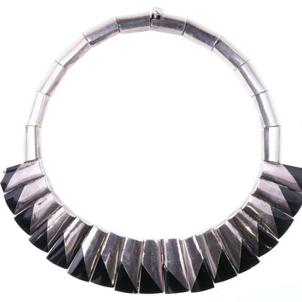 Heavy Monteros modernist Mexican Sterling silver and onyx necklace