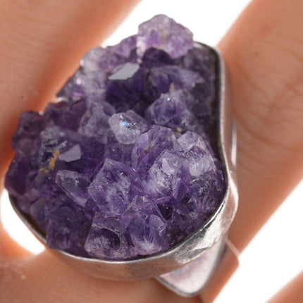 Klobiger, verstellbarer Sterling-Roh-Amethyst-Ring, handgefertigt, signiert