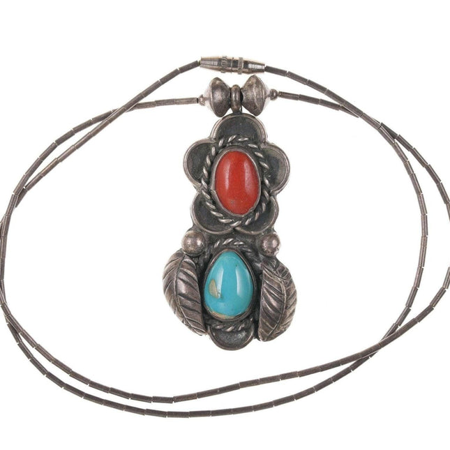 Vintage Native American Sterling turquoise and coral pendant/necklace.