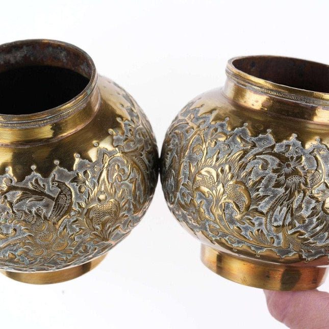 Pr Antique Asian Brass Vases with ornate Repousse work