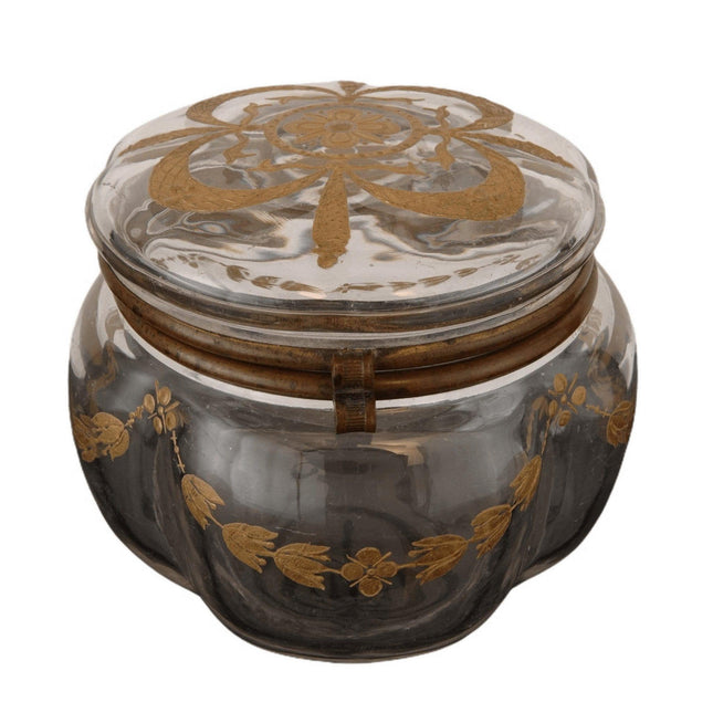 c1880 French Art Glass Crystal Dresser Jar with Gold Enameling