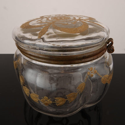 c1880 French Art Glass Crystal Dresser Jar with Gold Enameling