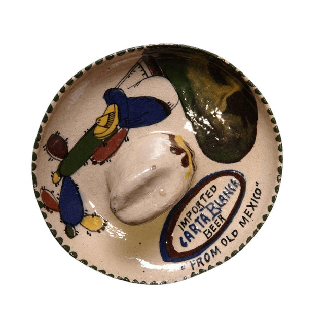 c1940 Tlaquepaque Mexican Folk Pottery Carta Blanca Beer Advertising Ashtray Som