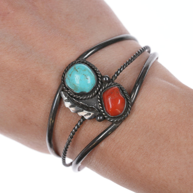 6 3/8" Vintage Native American Silver, turquoise and coral leafwork cuff bracelet