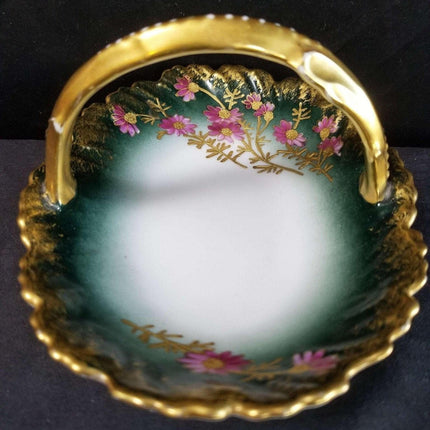 Limoges basket hand painted flowers and heavy gold c.1910 6 5/8" wide x 3.5" tal