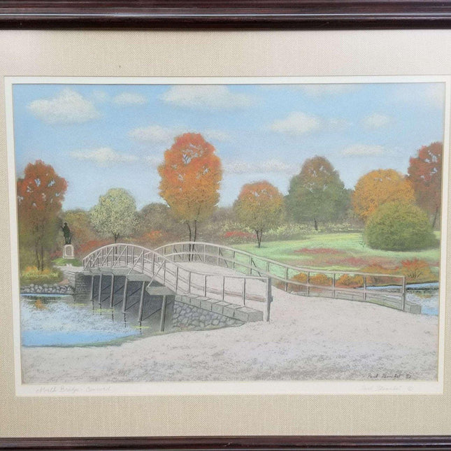 Gemälde aus dem Unabhängigkeitskrieg der Nordbrücke bei Concord von Paul Planchet, gelisteter Künstler aus Massachusetts, Pastelllandschaft