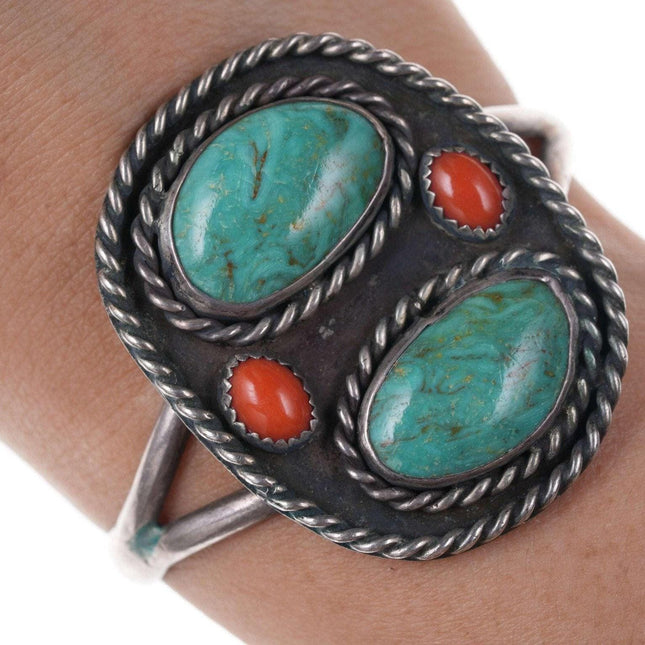 Vintage Native American Sterling Turquoise and coral cuff bracelet z