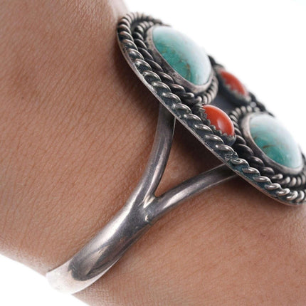 Vintage Native American Sterling Turquoise and coral cuff bracelet z