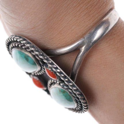 Vintage Native American Sterling Turquoise and coral cuff bracelet z